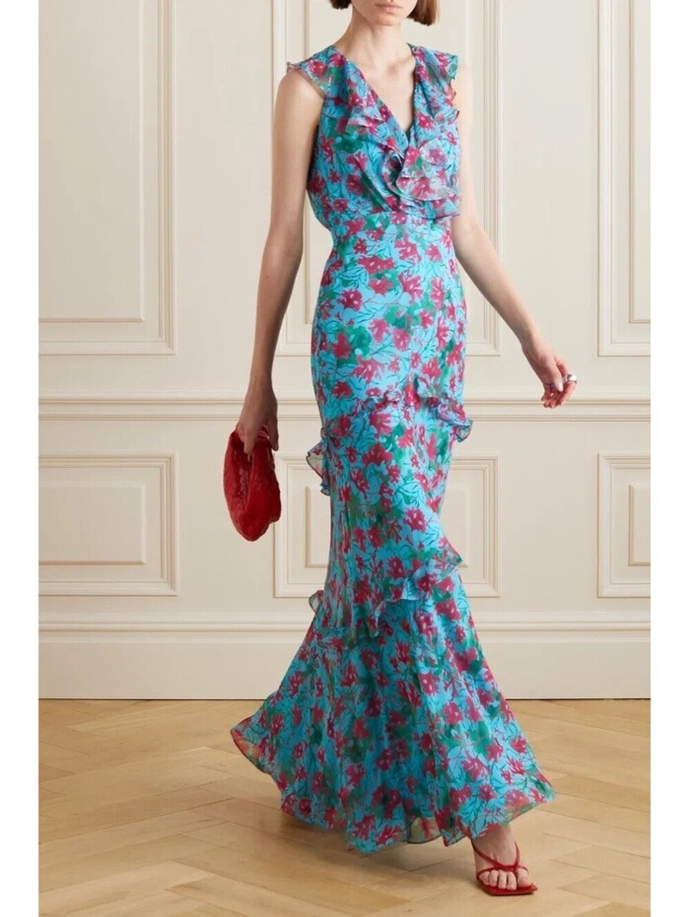 Saloni Rita Ruffled Silk Maxi Dress Aquarium Turquoise Pink‎ Floral Gown Size 6